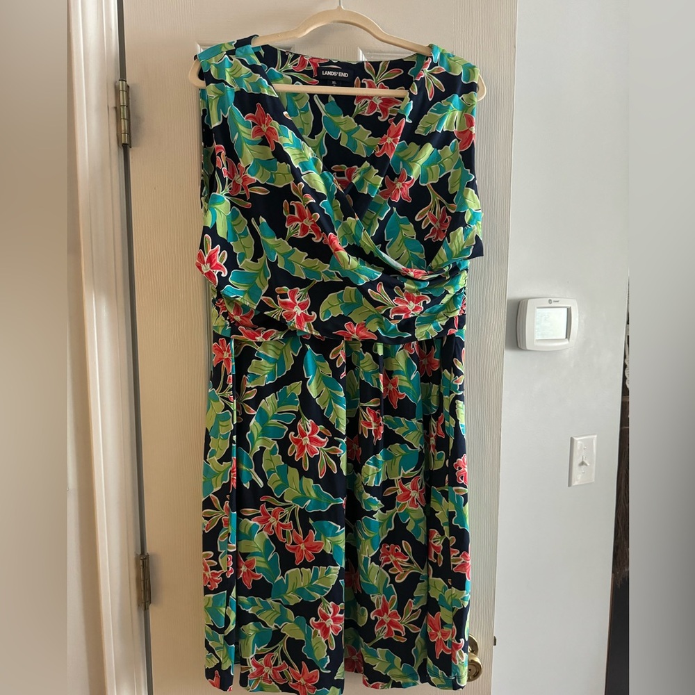 Lands' End Fit and Flare Midi Dress XL NEW Tropical Print Sleeveless